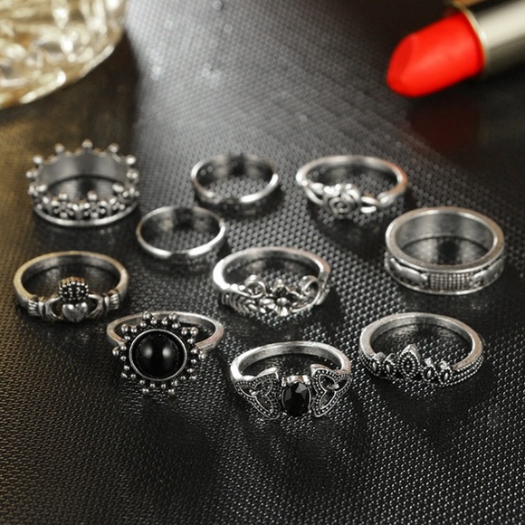 10 Pc Silver Trendy Boho Flower Hearts Stackable Ring Set - Picture 2 of 3